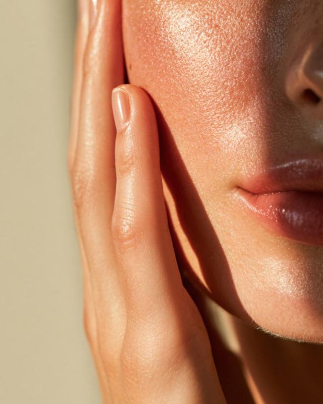 Hand resting on smooth, glowing cheek
