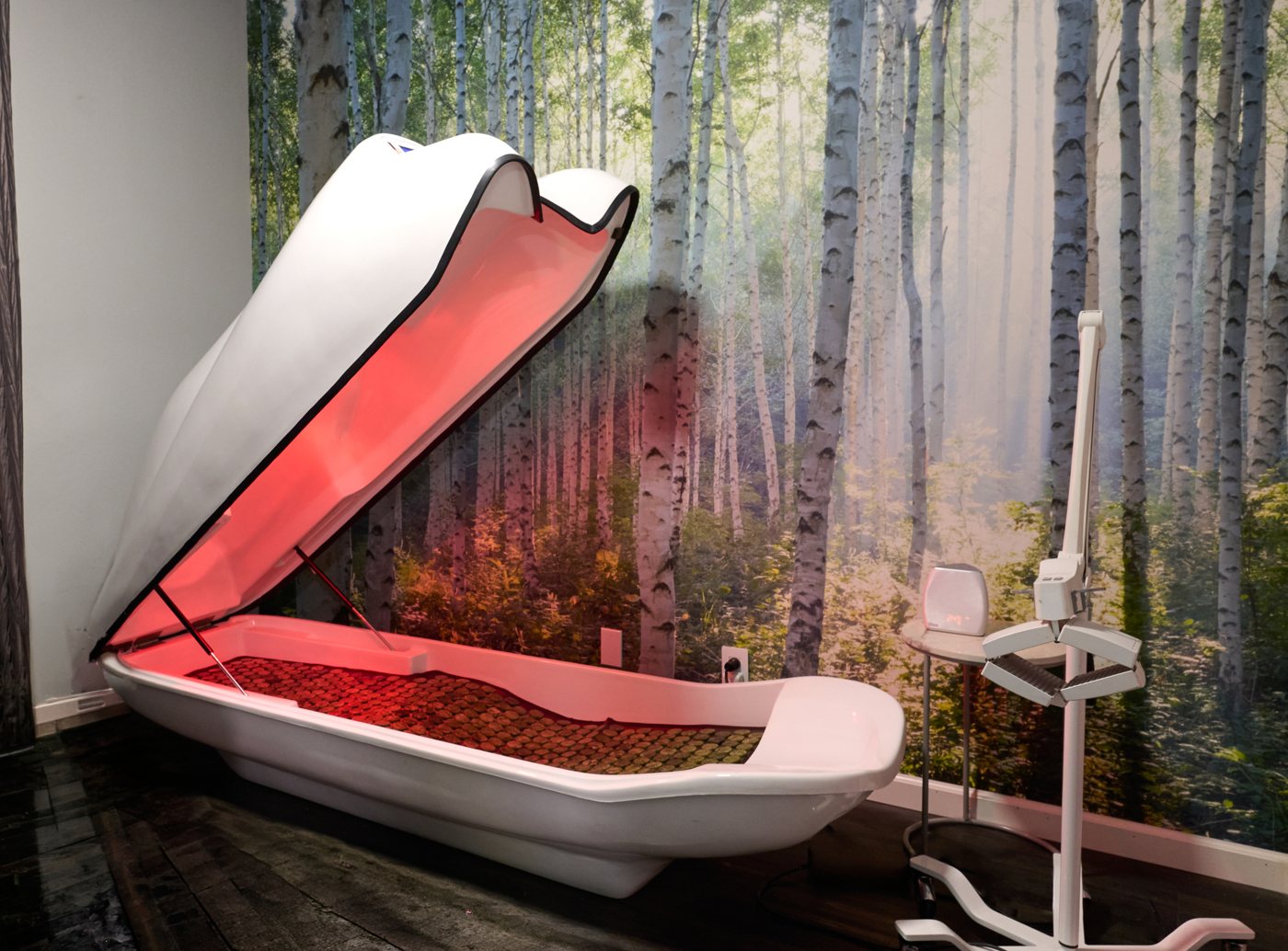 The infrared jade sauna pod in its birch-forest room